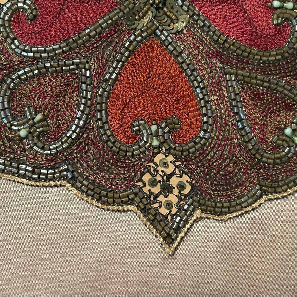 Boho Silk Satin Peach Embroidered Decorative Pillow Fringe Ribbon Down 21 Square - Picture 7 of 9